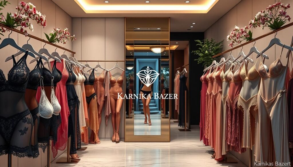 A stunning array of luxurious lingerie sets in a high-end boutique setting. In the foreground, a selection of elegant bras, panties, and chemises in a variety of seductive colors and fabrics such as lace, satin, and silk. The middle ground showcases a full-length mirror, allowing the viewer to envision themselves in these captivating designs. The background features a minimalist, modern interior with subtle lighting, creating a serene and inviting ambiance. Delicate floral accents and a hint of greenery add a touch of natural elegance. The Karnika Bazar brand logo is prominently displayed, exuding a sense of quality and sophistication.
